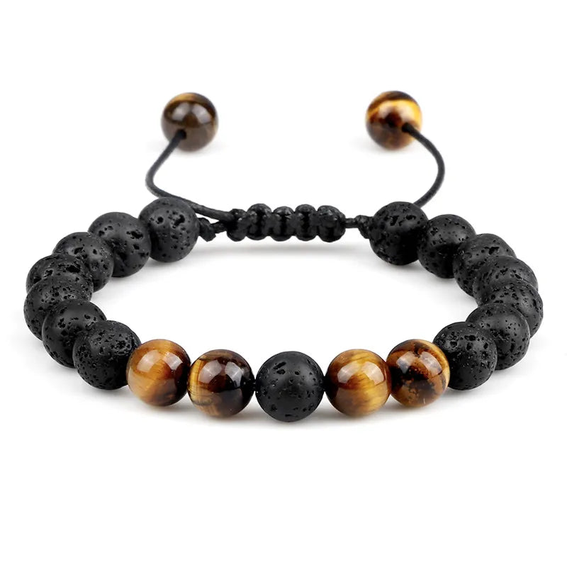 8mm Black Lava and Tiger Eye Bracelets for Men and Women | Adjustable Braided Rope Couples Jewelry | Healing Stone Yoga Bracelets