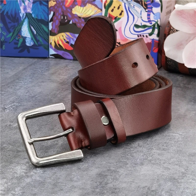 Vintage Inspired Men's Leather Belt with Thick Pin Buckle - 4.3cm Width - Multiple Color Options