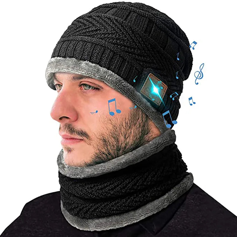 2in1 Winter Bluetooth 5.0 Beanie Cap Headset Headband Warm Music Hat with Soft Scarf Microphone for Handsfree Call Outdoor Sport Cap Gifts