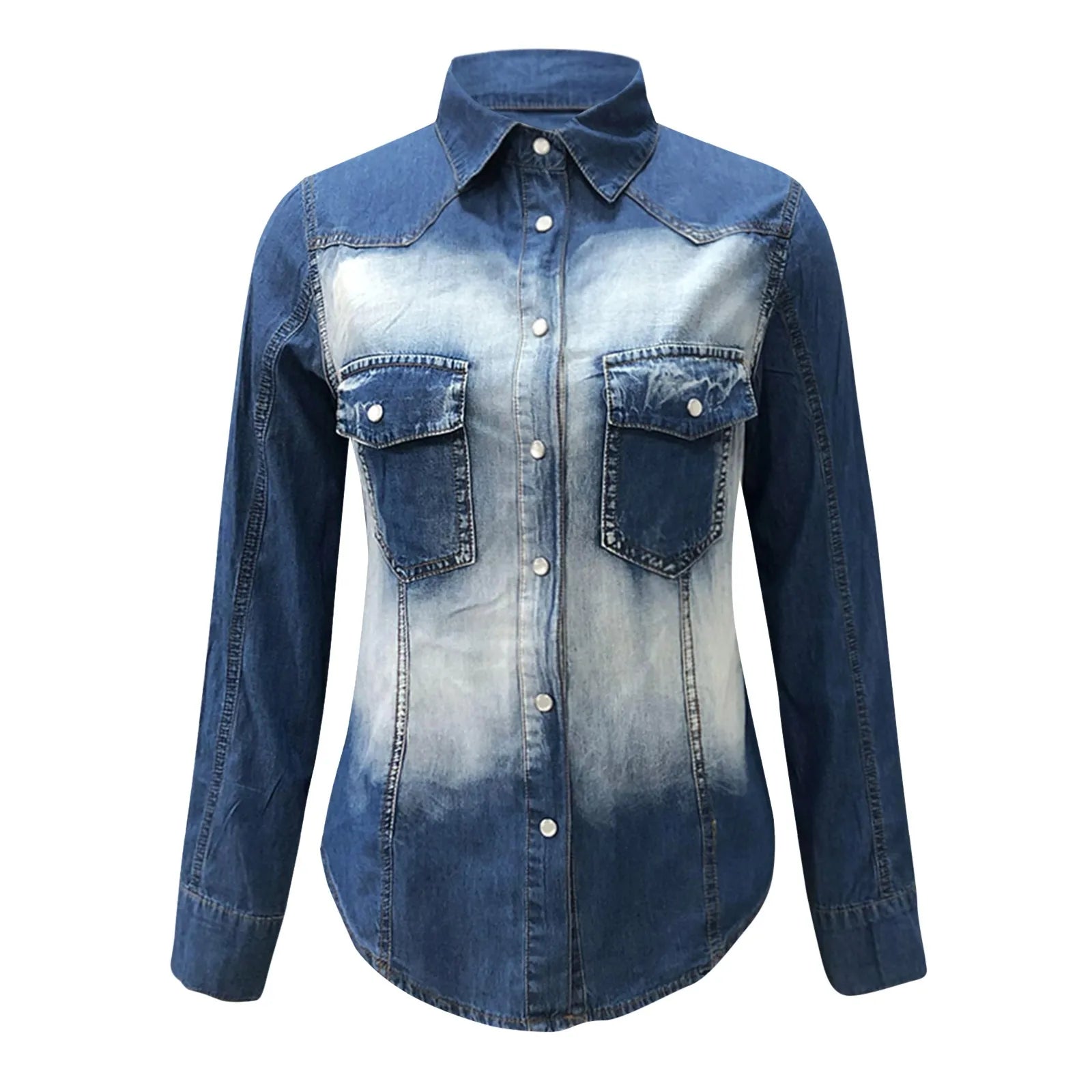 Vintage Denim Shacket for Women - Button Collar and Single-Breasted Closure Shirt Jacket