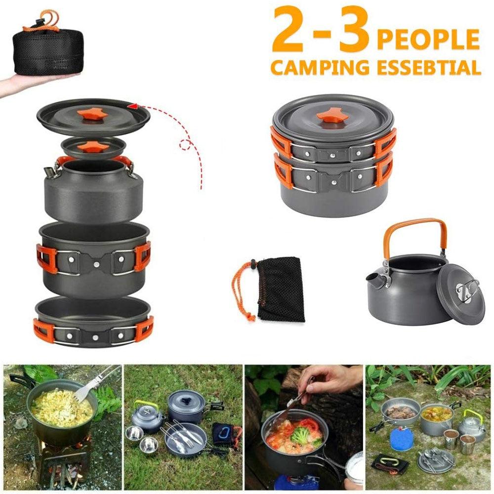 Premium Aluminum Outdoor Camping Cookware Set - 3pc or 11pc Mess Kit for 2-3 People - Lightweight Non-Stick Portable