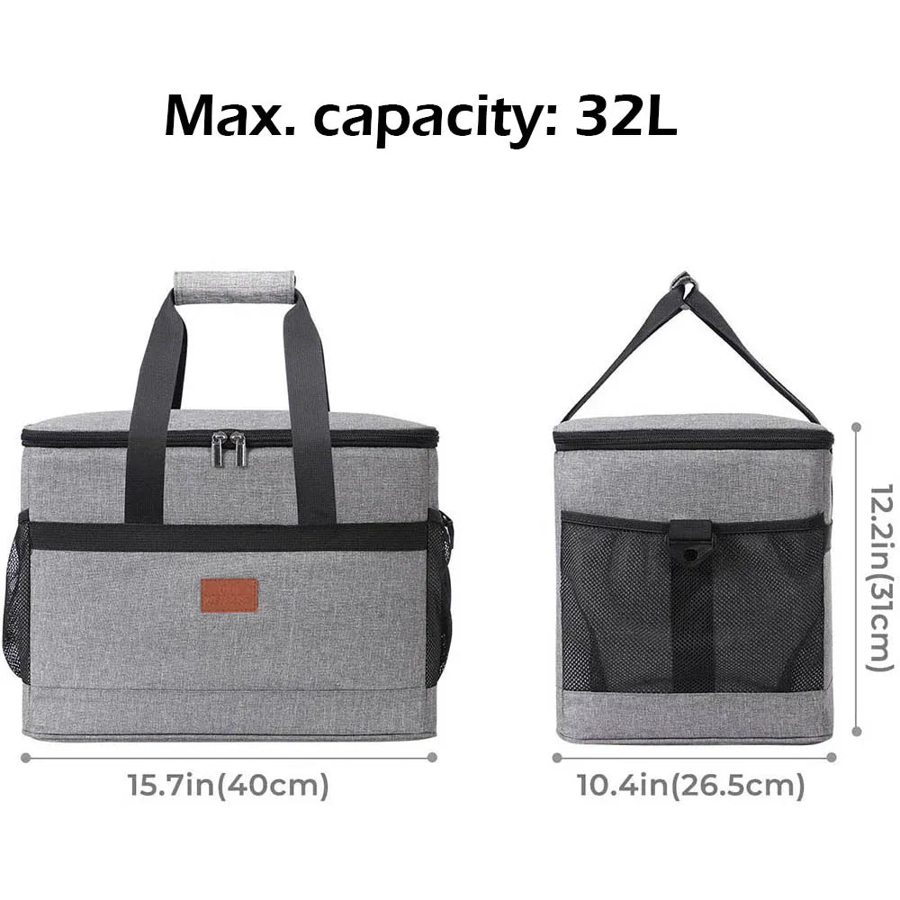 Durable Outdoor Soft Cooler Bag with Side Mesh Pockets and Food Grade Liner - 32L Large Insulated Picnic Lunch Bag