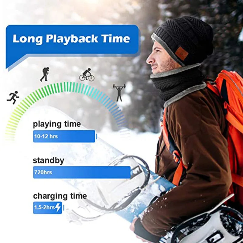 2in1 Winter Bluetooth 5.0 Beanie Cap Headset Headband Warm Music Hat with Soft Scarf Microphone for Handsfree Call Outdoor Sport Cap Gifts