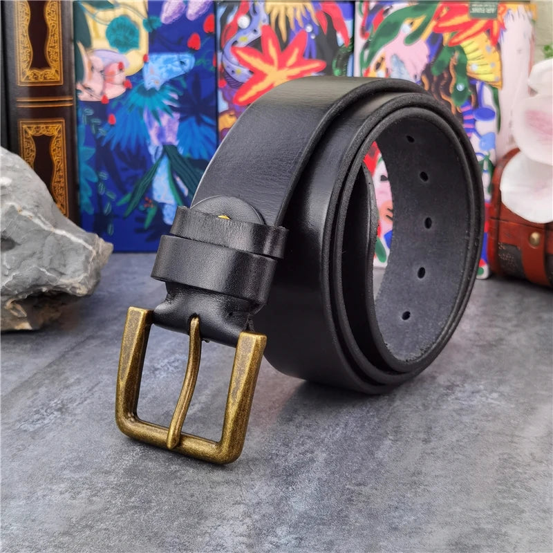 Vintage Inspired Men's Leather Belt with Thick Pin Buckle - 4.3cm Width - Multiple Color Options