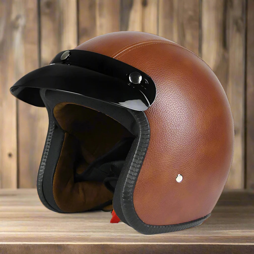 Classic 3/4 Open Face Motorcycle Helmet with Detachable Sun Visor - Vintage Leather Jet Helmet with DOT Certification