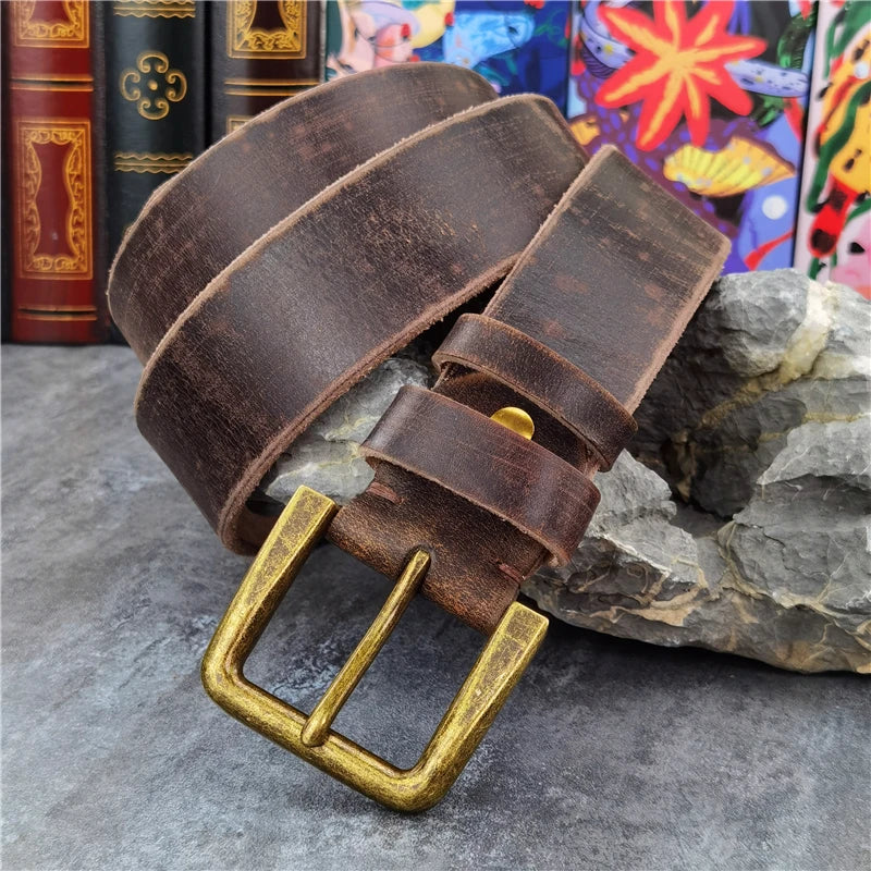 Vintage Inspired Men's Leather Belt with Thick Pin Buckle - 4.3cm Width - Multiple Color Options