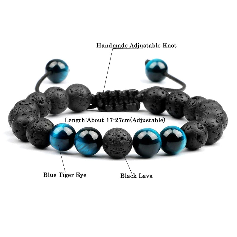 8mm Black Lava and Tiger Eye Bracelets for Men and Women | Adjustable Braided Rope Couples Jewelry | Healing Stone Yoga Bracelets