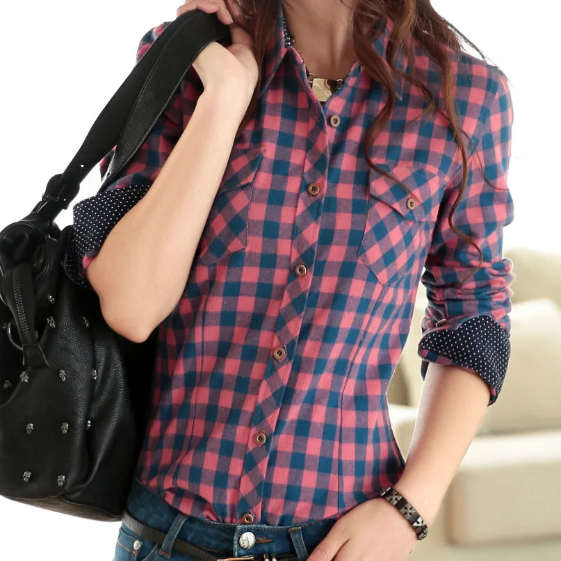 High-Quality Long Sleeve Flannel Shirt with Plaid Pattern for Women