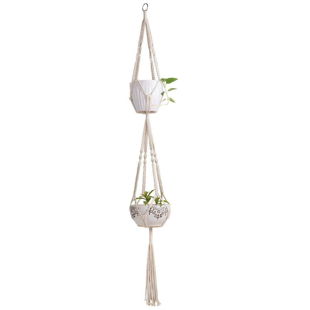 Macrame Double Plant Hanger | 2-Tier Cotton Rope Hanging Planter with 4 Legs | 67-Inch Indoor/Outdoor Decor for Pots of All Sizes