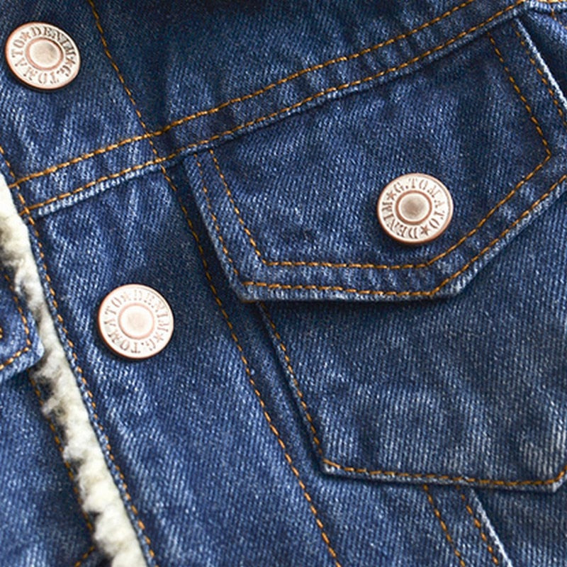 Kids Thick Cashmere Denim Jacket Turn-Down Collar Pockets 2-6Y Unisex