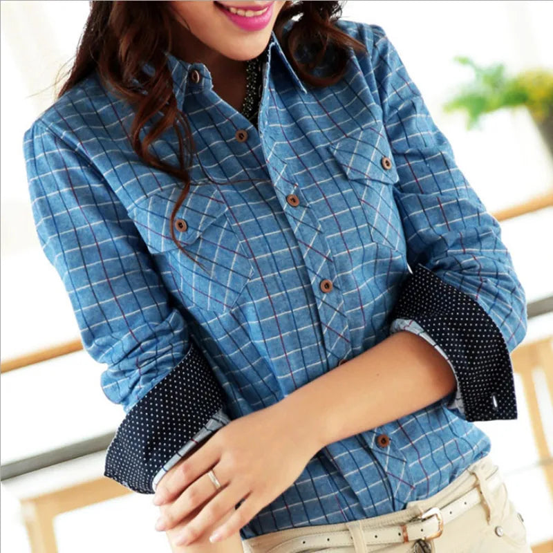 High-Quality Long Sleeve Flannel Shirt with Plaid Pattern for Women