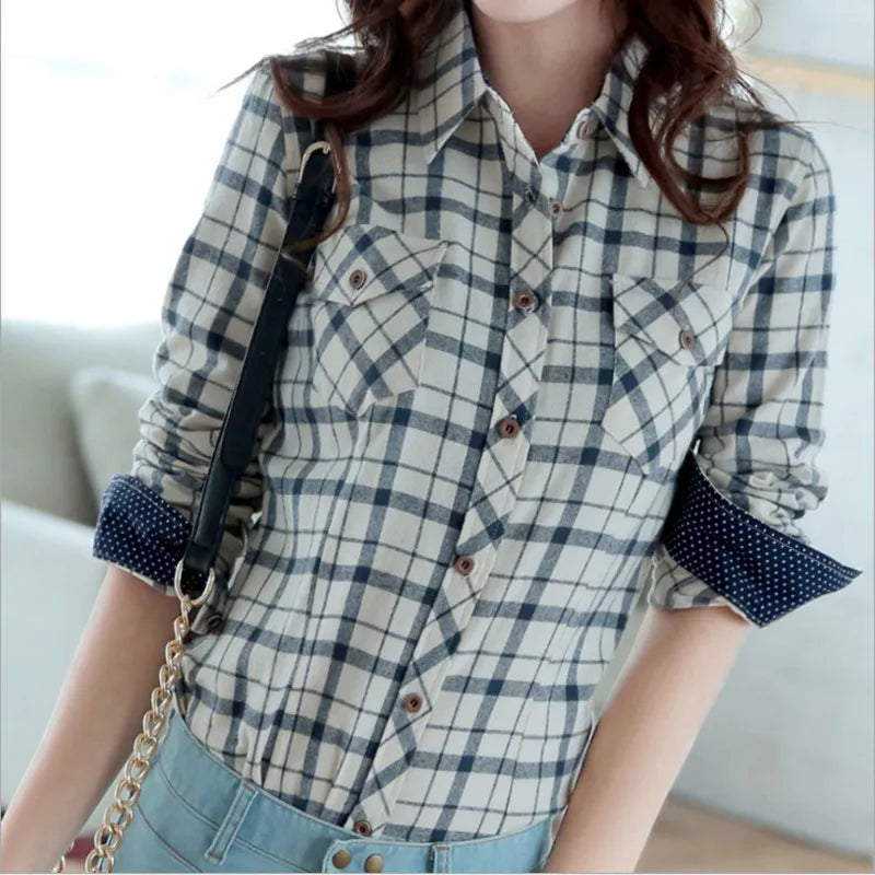 High-Quality Long Sleeve Flannel Shirt with Plaid Pattern for Women