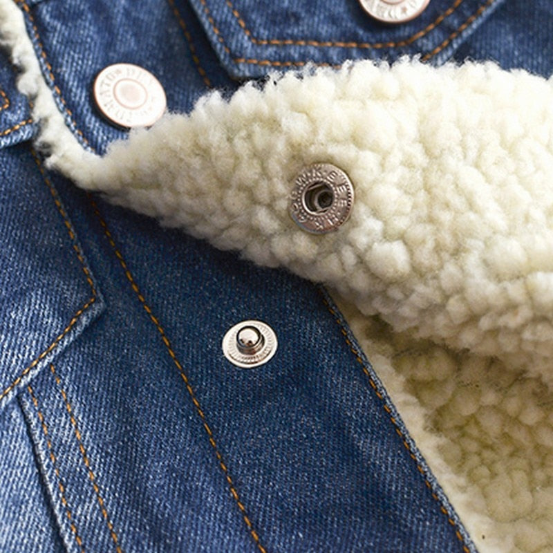 Kids Thick Cashmere Denim Jacket Turn-Down Collar Pockets 2-6Y Unisex