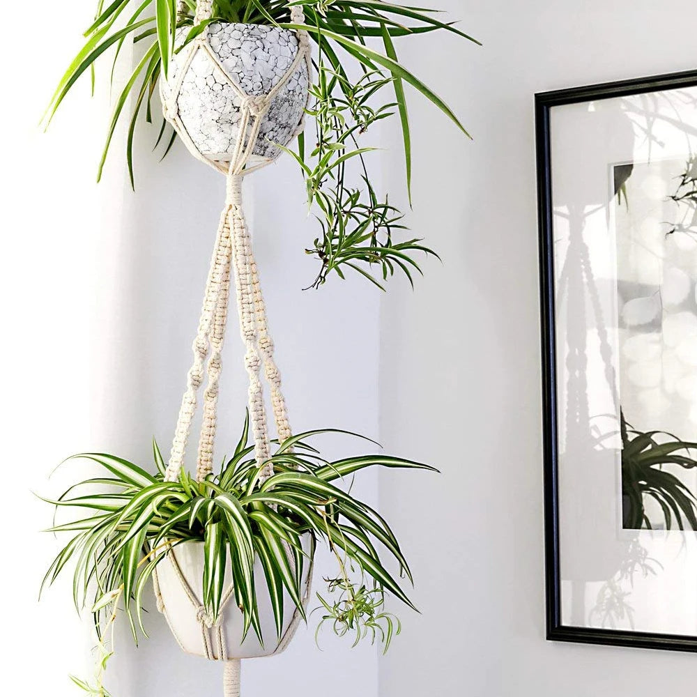 Macrame Double Plant Hanger | 2-Tier Cotton Rope Hanging Planter with 4 Legs | 67-Inch Indoor/Outdoor Decor for Pots of All Sizes