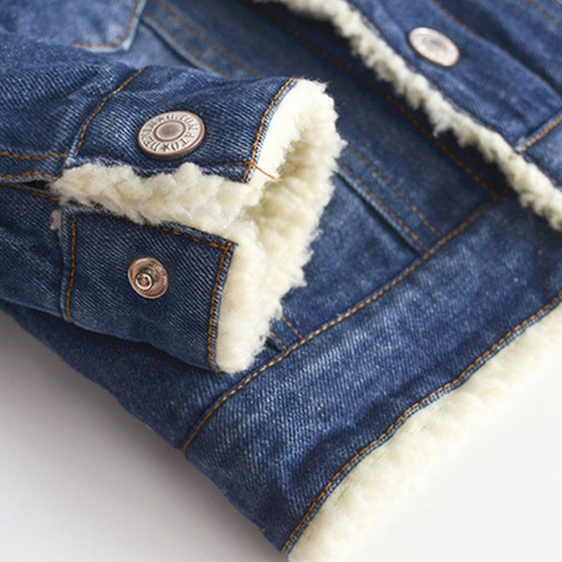 Kids Thick Cashmere Denim Jacket Turn-Down Collar Pockets 2-6Y Unisex