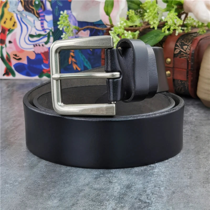 Vintage Inspired Men's Leather Belt with Thick Pin Buckle - 4.3cm Width - Multiple Color Options