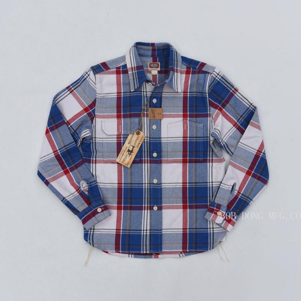 BOB DONG Men's Vintage Plaid Point Collar Heavyweight Work Shirt - Cotton Twill and Classic Design