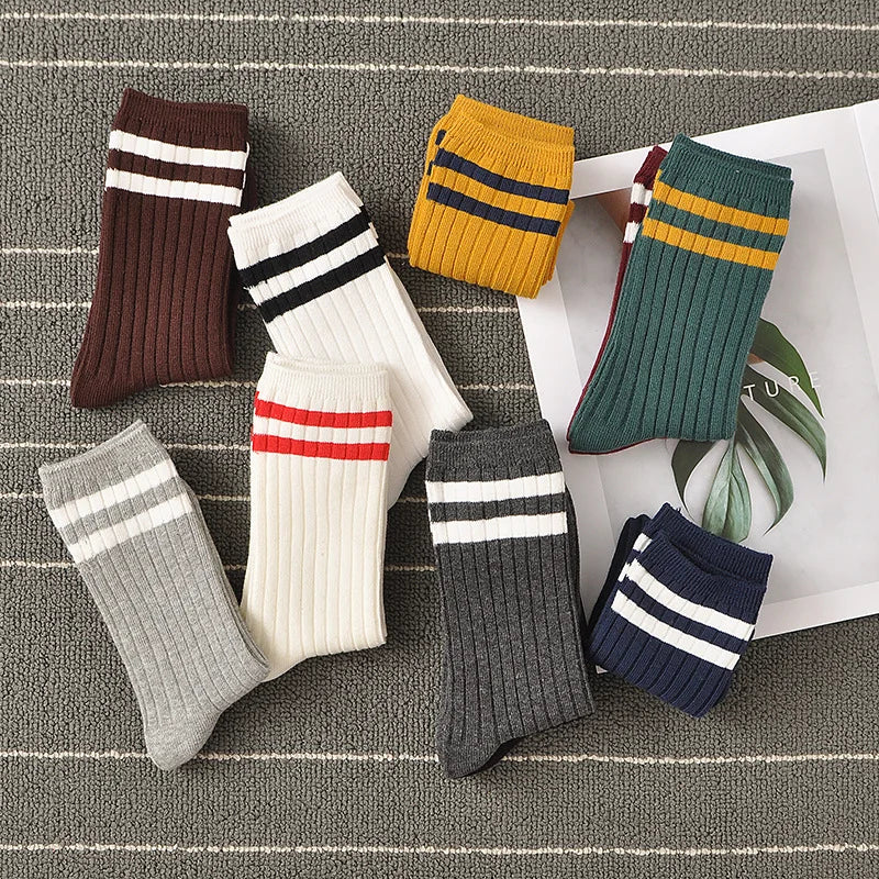 Women's Striped Retro Cotton Tube Socks - High-Quality Blend for Everyday Comfort and Style