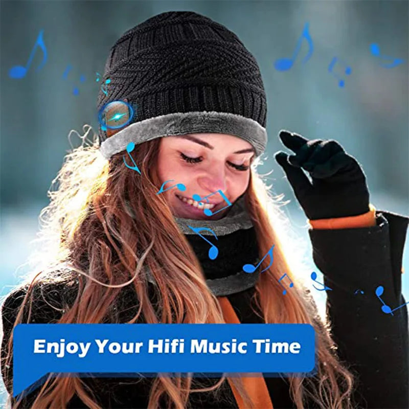 2in1 Winter Bluetooth 5.0 Beanie Cap Headset Headband Warm Music Hat with Soft Scarf Microphone for Handsfree Call Outdoor Sport Cap Gifts