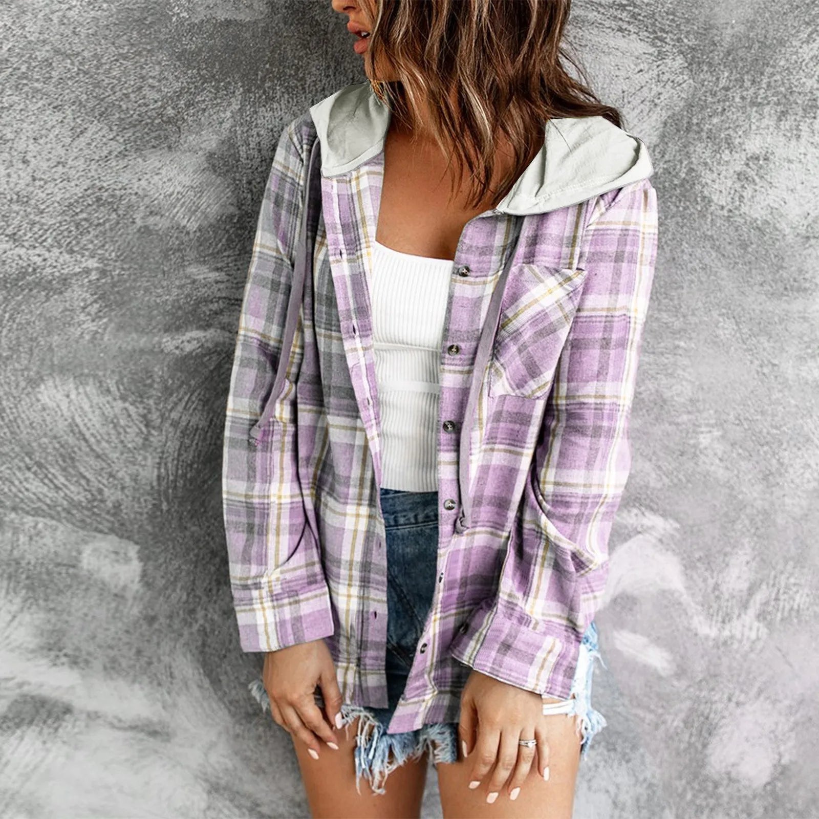 Fashionable Women's Long Sleeve Plaid Shirt with Hood - Autumn/Winter Style