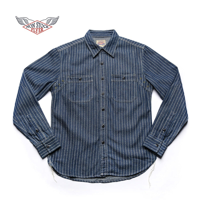 Men's Vintage Wabash Stripe Denim Work Shirt with Vent Holes and Pockets