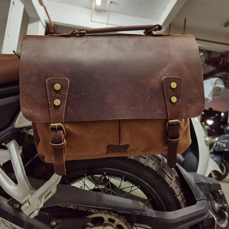 Vintage Motorcycle Saddle Bag - Waterproof and Durable Waxed Canvas - Crazy Horse Leather