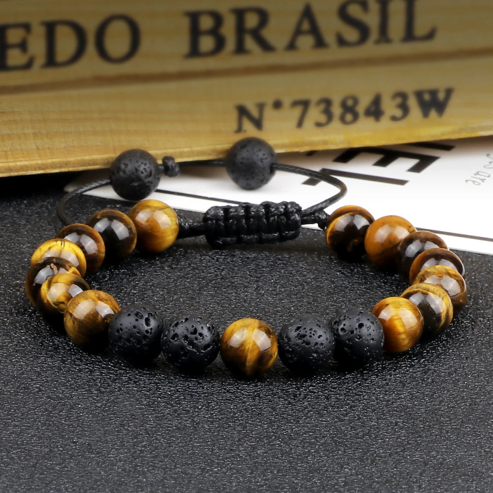 8mm Black Lava and Tiger Eye Bracelets for Men and Women | Adjustable Braided Rope Couples Jewelry | Healing Stone Yoga Bracelets