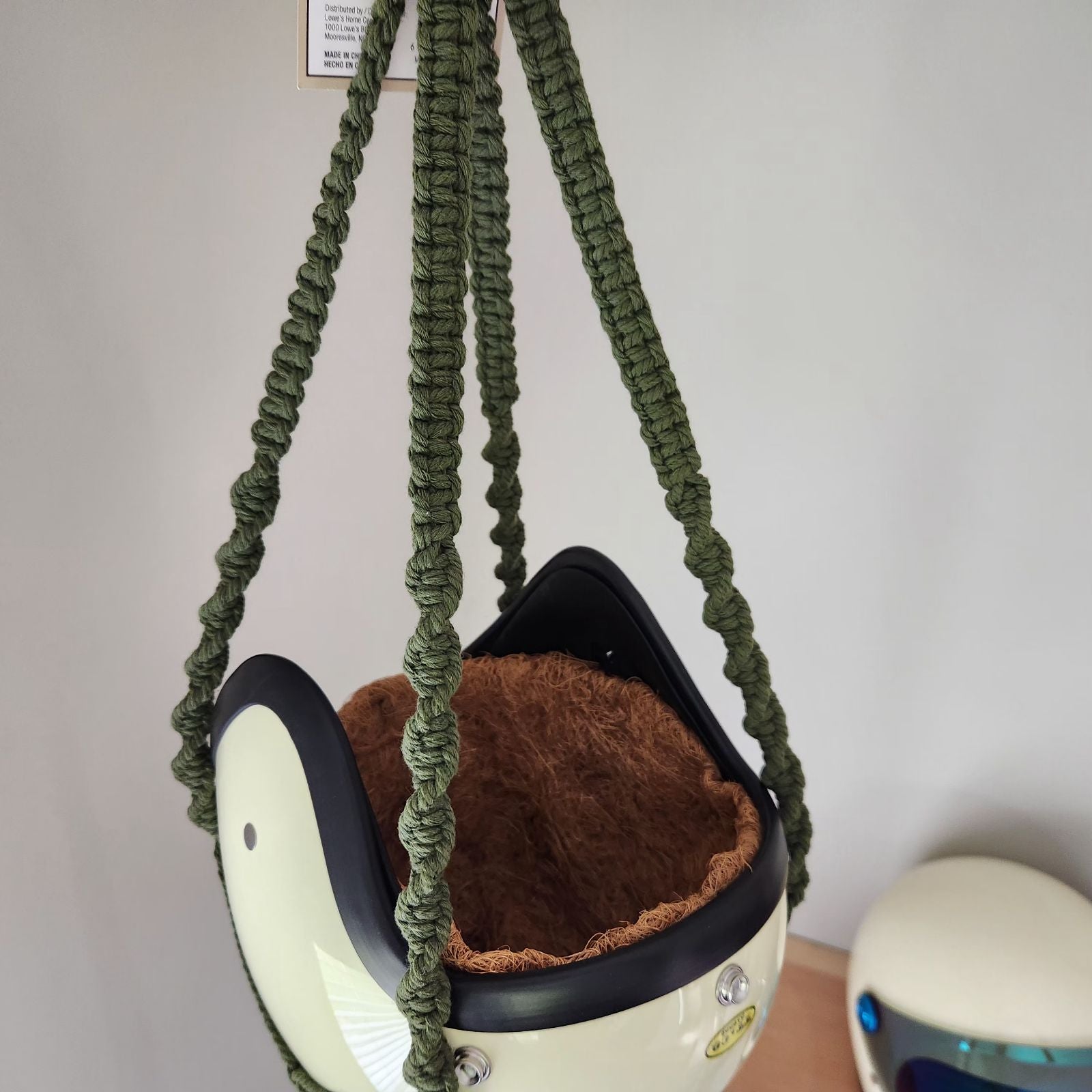 Vintage Open Face Motorcycle Helmet Planters with 100% Handmade Macrame Plant Hanger and Eco-friendly Coconut Fiber Liner