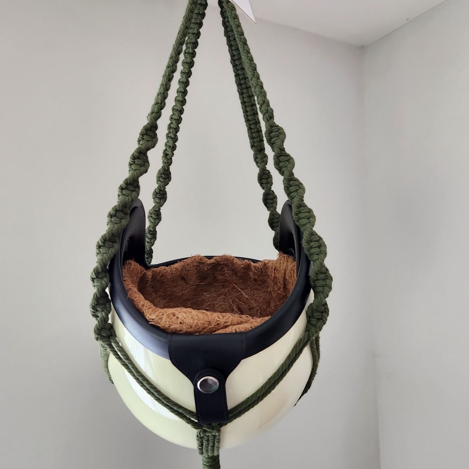 Vintage Open Face Motorcycle Helmet Planters with 100% Handmade Macrame Plant Hanger and Eco-friendly Coconut Fiber Liner