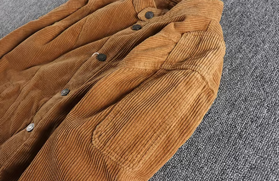 Men's High Quality Khaki Retro Washed Corduroy Jacket - Slim Fit Turn-Down Collar Single-Breasted Closure 100% Cotton Comfort