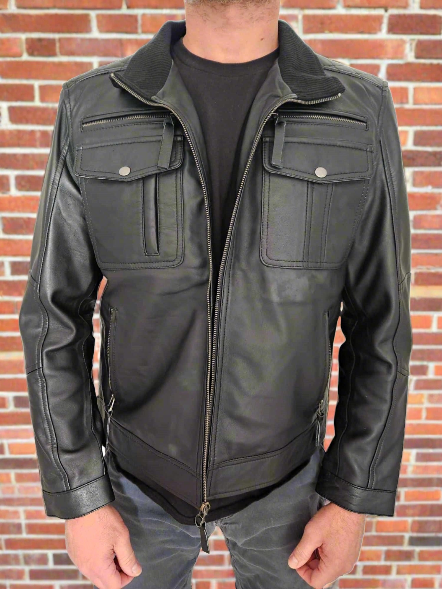 Angel Jackets Men's Black Genuine Leather Motorcycle Jacket - Zip Closure and Multiple Pocketss