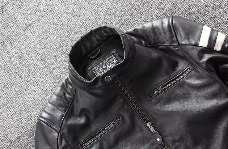 Men's Motorcycle Premium Cowhide Leather Jacket - Classic Ami Kaji Edition - Stand-Up Collar - Zipper Placket - Straight Hem