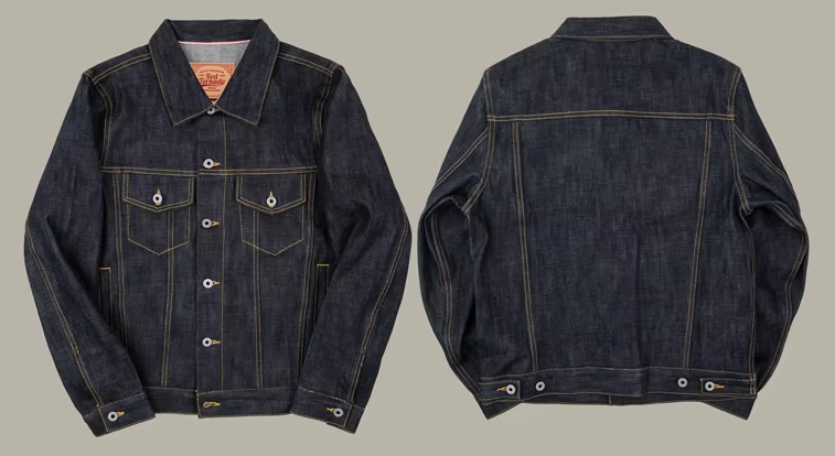 Men's Red Tornado 16oz Selvedge Denim Trucker Jacket Coat with Turn-down Collar + Pockets