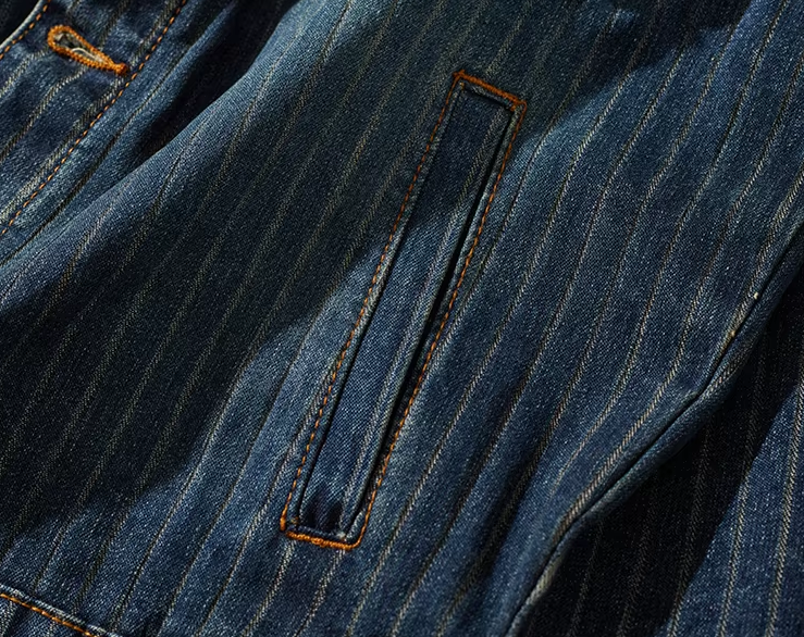 Rugged Men's Washed Denim Jacket - Versatile Striped Coat Ideal for Casual and Workwear