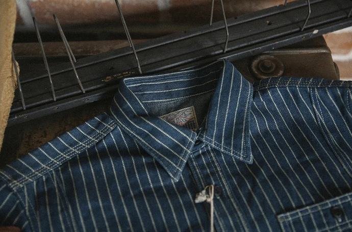 Men's Vintage Wabash Stripe Denim Work Shirt with Vent Holes and Pockets