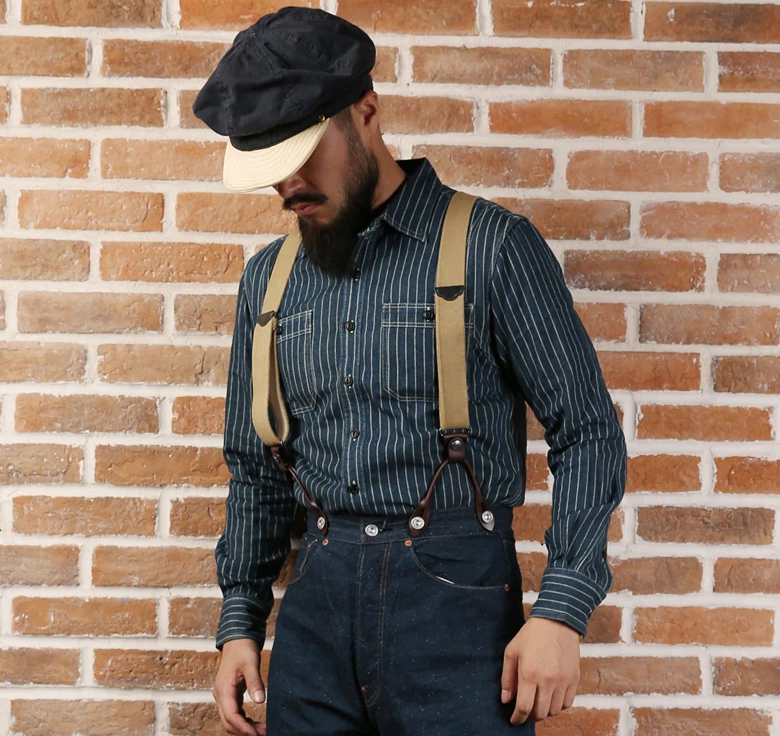 Men's Vintage Wabash Stripe Denim Work Shirt with Vent Holes and Pockets