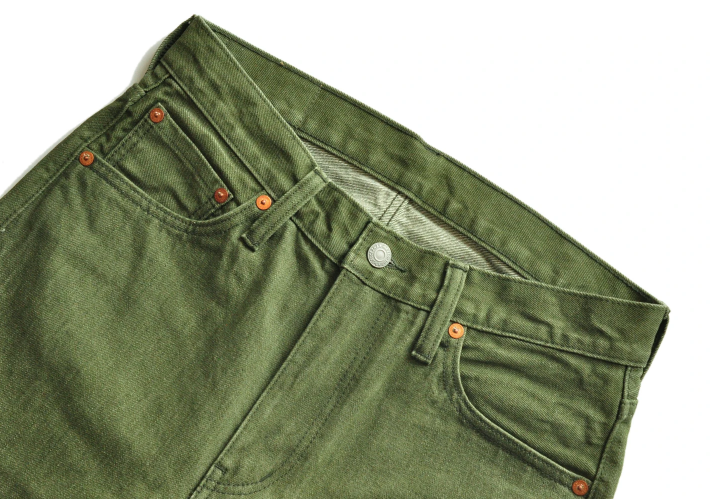 Saucezhan Men's Olive Green Selvedge Denim Jeans - Slim Fit 14oz Washed Jeans with Zipper Fly