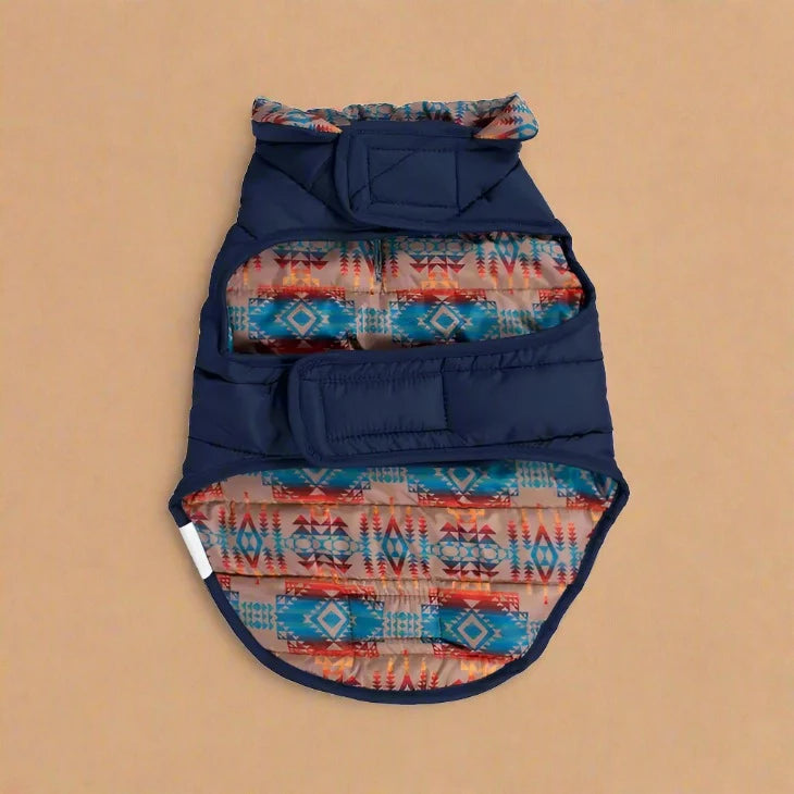 Pendleton Puffer Dog Coat with Pilot Rock Pattern Lining and Hook & Loop Belt - Quilted Design for Warmth