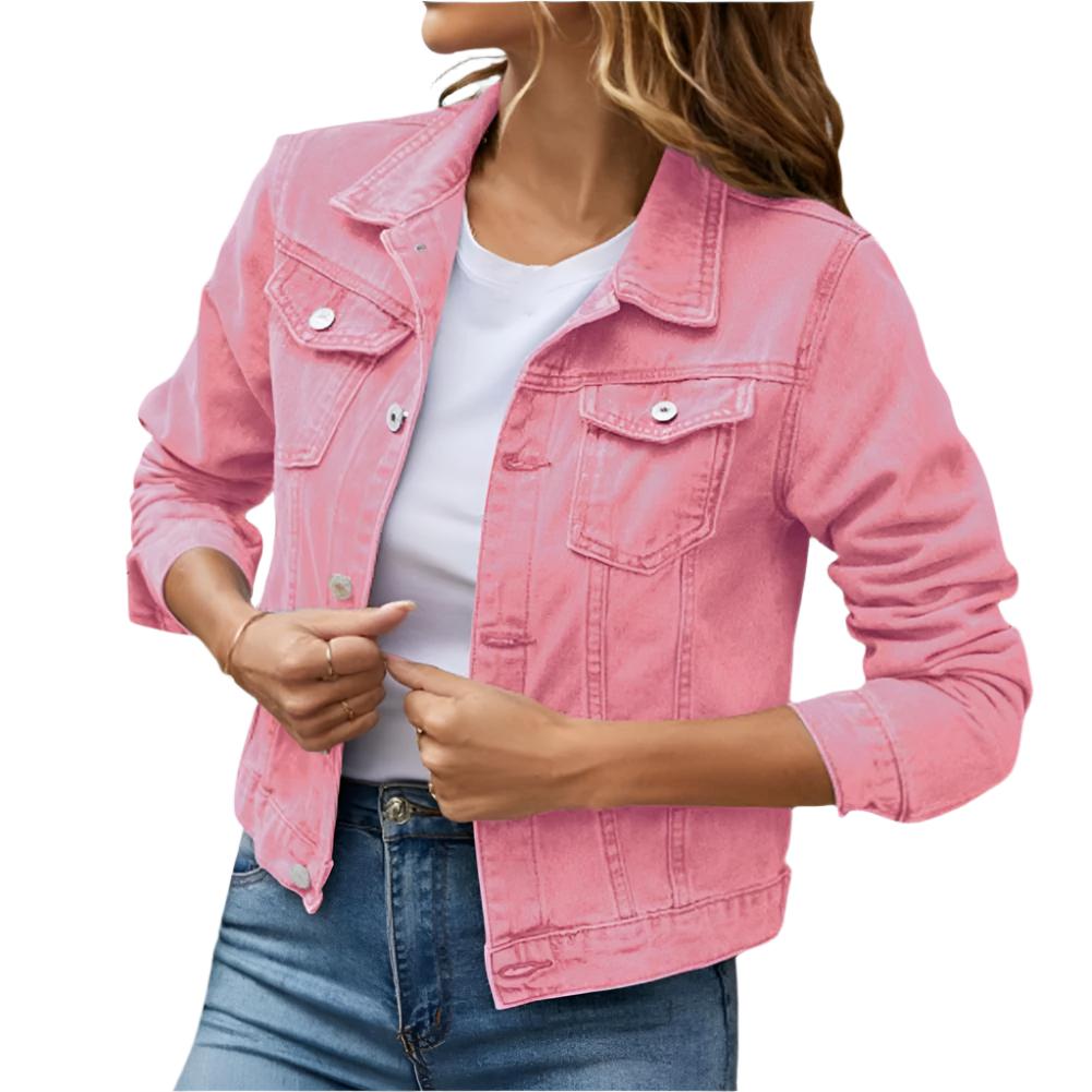 Women's Button-Up Denim Jacket with Turn-Down Collar Lapel Flap Pockets Slim Fit - Stylish and Durable