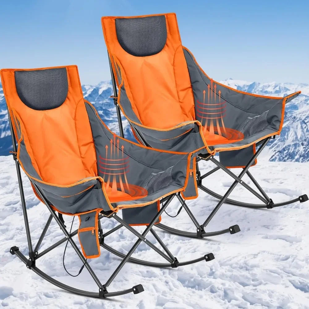 2-Piece Oversized Heated Camping Chairs | Foldable Outdoor Rocking Chairs with 3 Heat Levels | Heavy-Duty Portable Lounge Chairs