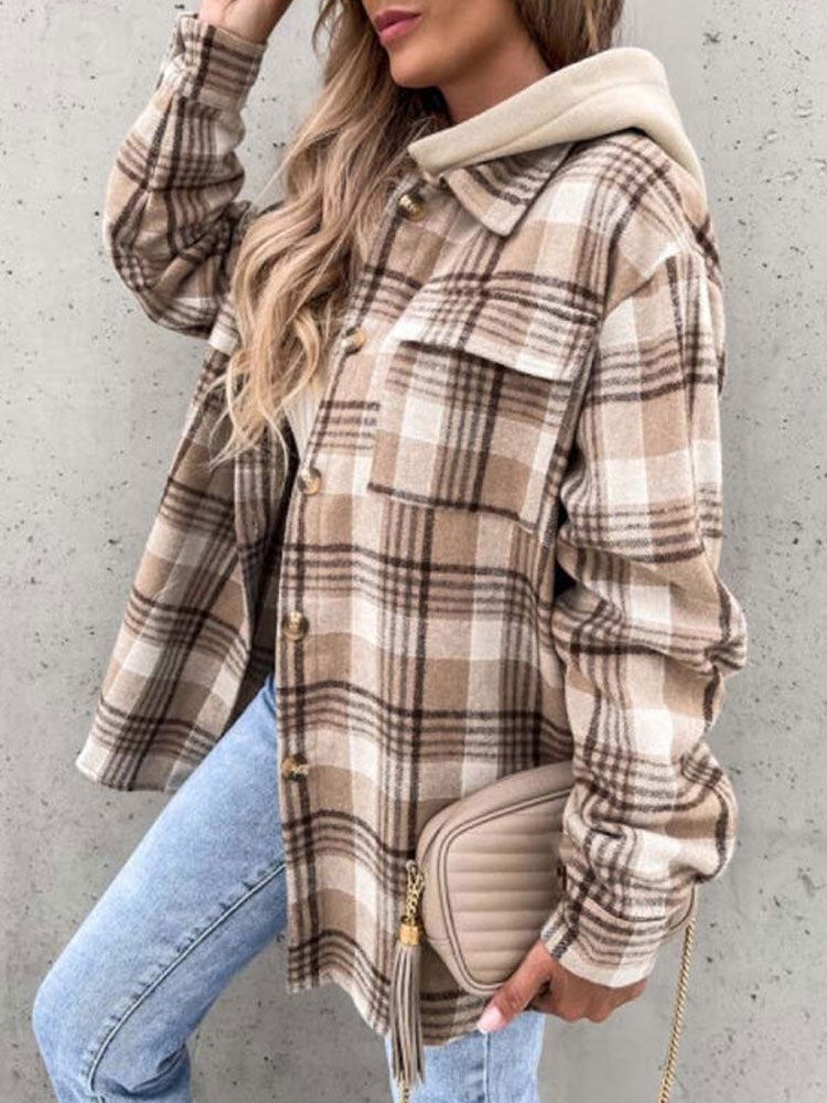 Women's Checkered Plaid Long Sleeve Hooded Flannel Jacket with Pockets - O-Neck Collar - Polyester Construction