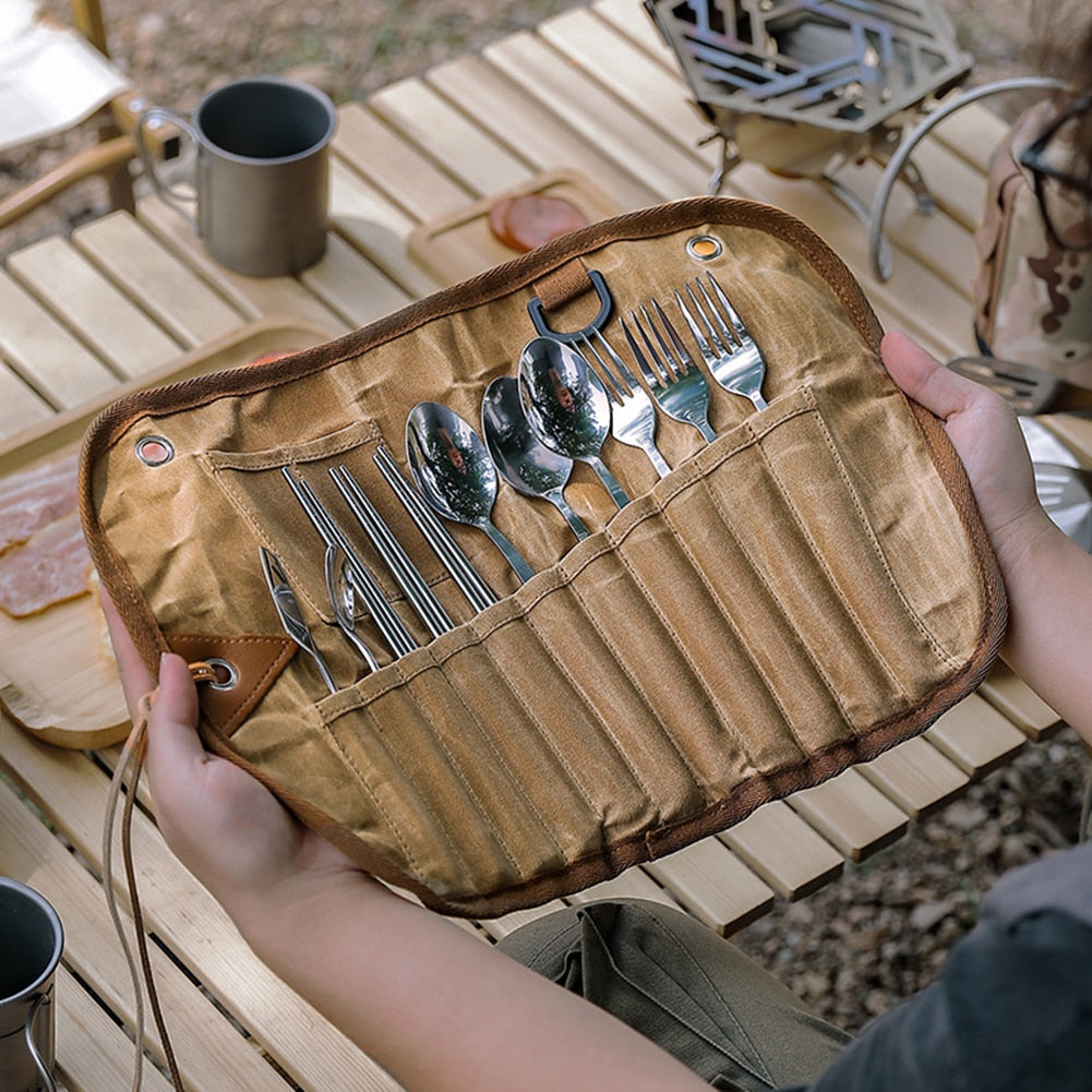 Canvas Tableware Roll Organizer with Stainless Steel Body for 12-Piece Set