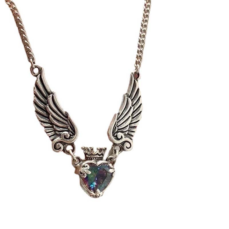 Vintage Heart Crown Angel Wings Pendant Necklace - Handcrafted Zinc Alloy and Silver-Plated Metal