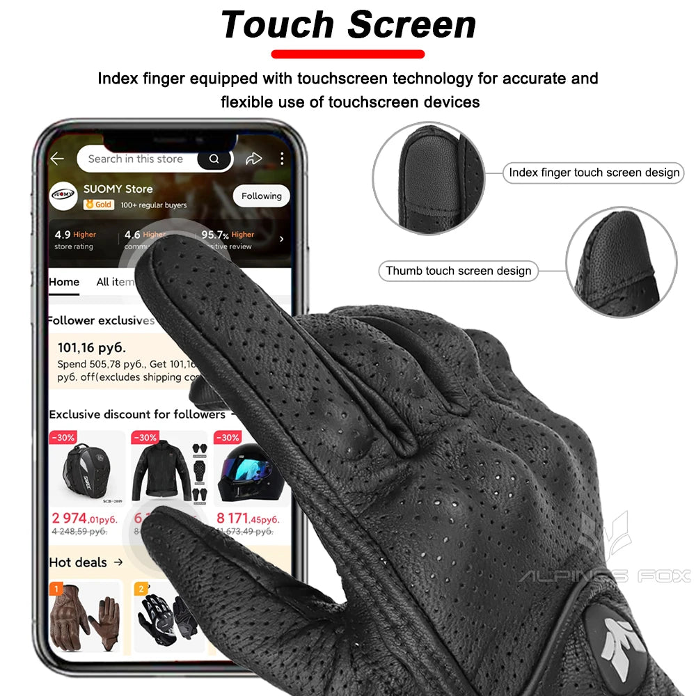 ALPINES FOX Vintage Black Leather Motorcycle Gloves Unisex Touchscreen Anti-slip