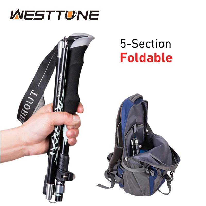 WESTTUNE 5-Section Folding Trekking Pole - Adjustable Height (110-130cm) - Durable Aluminum - Foam Handle - Rubber Tip - Perfect for Hiking - Nordic Walking - Camping and Elderly Walking