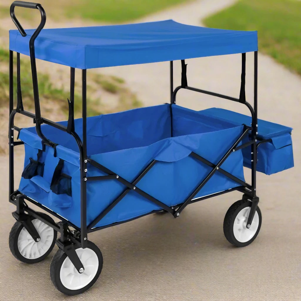 Alloy Steel Collapsible Folding Utility Wagon with Removable Canopy & Storage Pockets – 150lb Load Capacity for Outdoor Fun