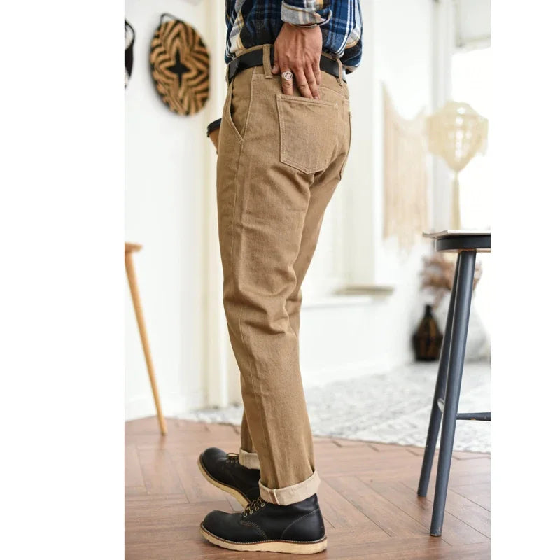 SauceZhan Men's Khaki Selvedge Denim Jeans - Casual Cargo Pants with Zipper Fly