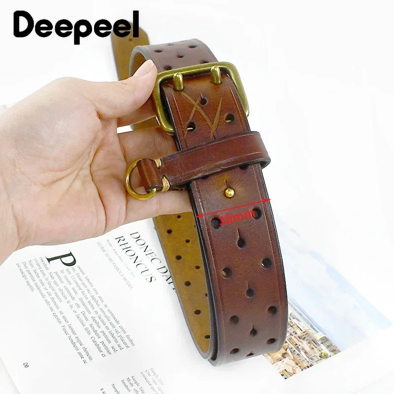 Retro Deepeel Men's Genuine Cowhide Leather Belt with Double Pin Buckle