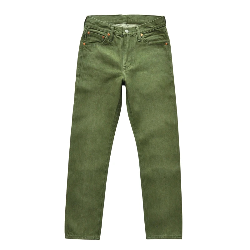 Saucezhan Men's Olive Green Selvedge Denim Jeans - Slim Fit 14oz Washed Jeans with Zipper Fly