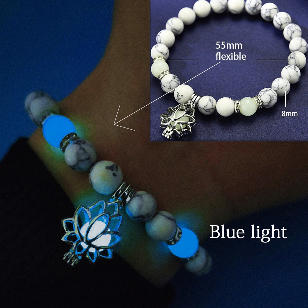 Healing Natural Stone Luminous Glow In The Dark Lotus Charm Bracelet - Adjustable and Comfortable Fit - LossTower